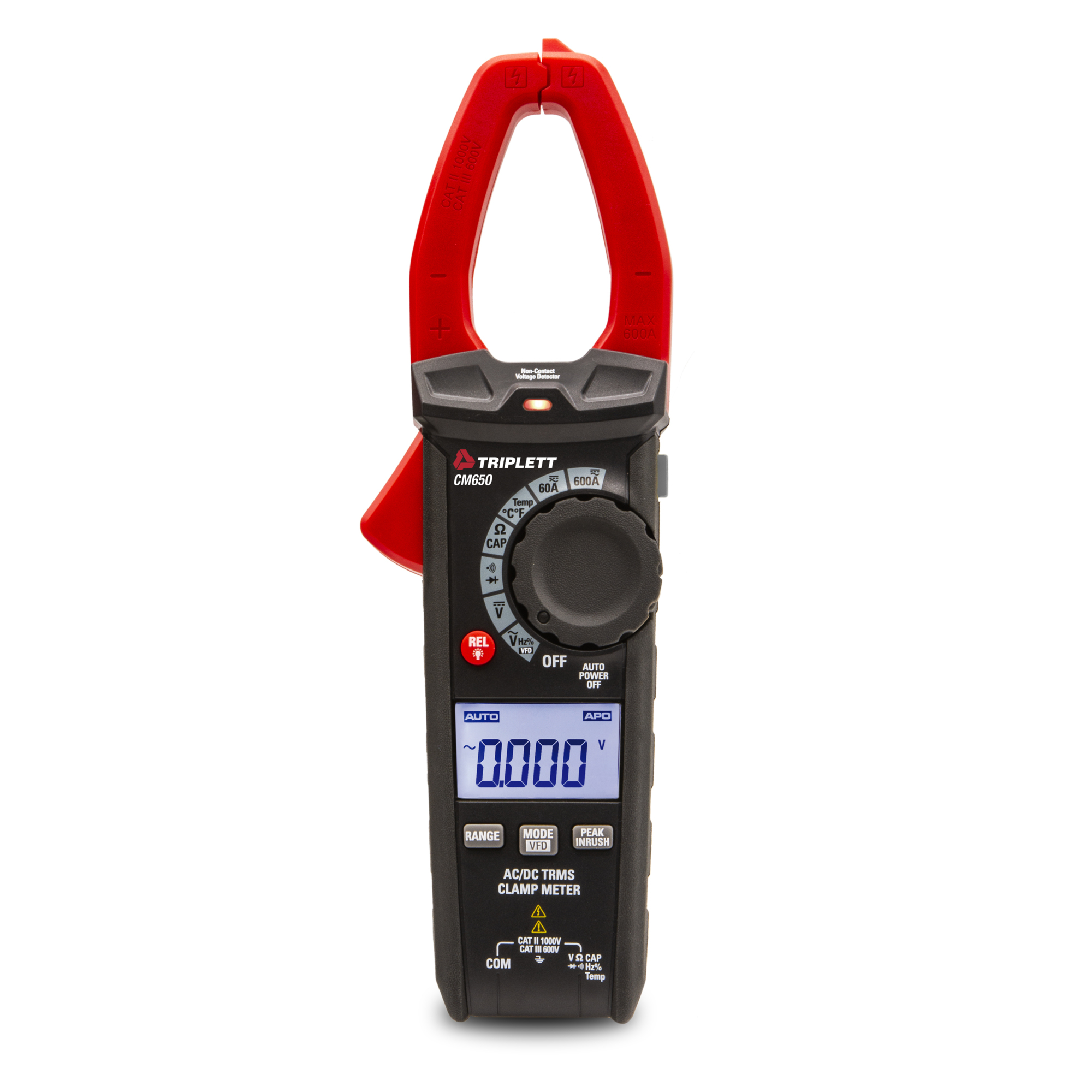 Triplett True RMS Clamp Meter — 600A AC/DC, 4000 Count LCD, Inrush Current Function, Model# CM650